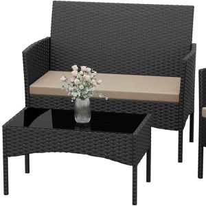 Kurapika Patio Furniture Set 4 Pieces Outdoor Wicker Rattan Chairs Conversation Sets w/Coffee Table, Rocking Bistro Set, for Deck,Patio,Backyard,Lawn (Sand)