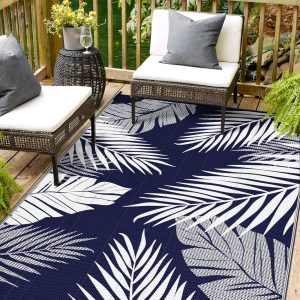 Outdoor Rug 6’x9’ Waterproof for Patio Clearance, Reversible Indoor Outdoor Plastic Straw Camping Rug Carpet, RV Mat, Large Area Rug for Deck, Backyard, Balcony, Porch, Beach, Blue & White