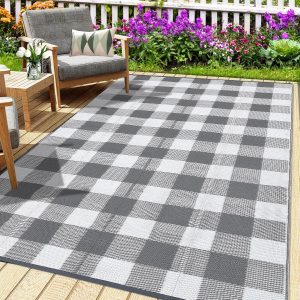 Outdoor Rug 8x10 Waterproof Outdoor Patio Rug Modern Checkered Mat Reverisble Plastic Straw Outdoor Rug for RV Camping Picnic Beach Balcony, Grey/White